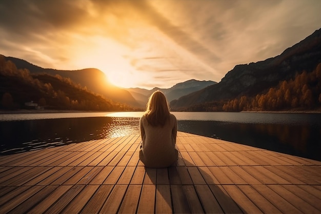 Foto una donna si siede su un molo guardando il tramonto