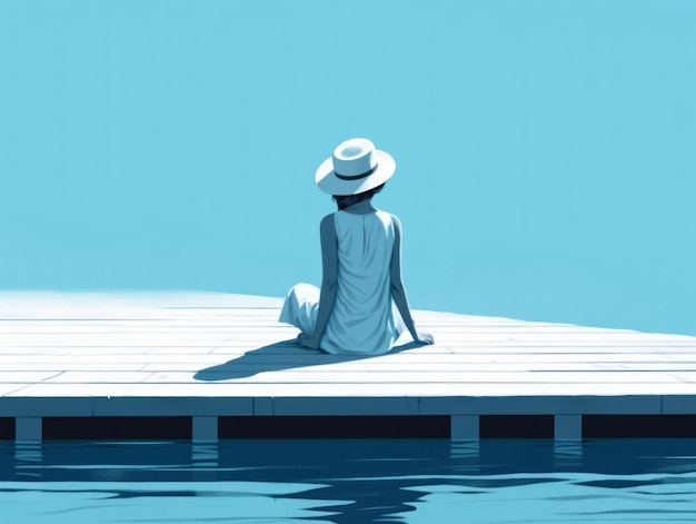 A woman sits on a dock with a blue background.