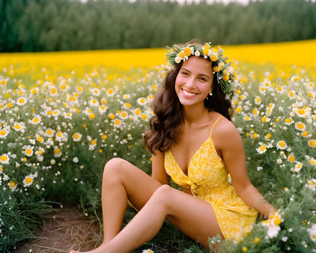 A woman sits in a field of daisies.