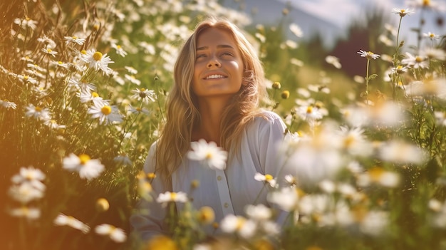 A woman sits in a field of daisies.