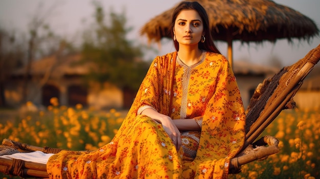 A woman sits in a field of flowers.