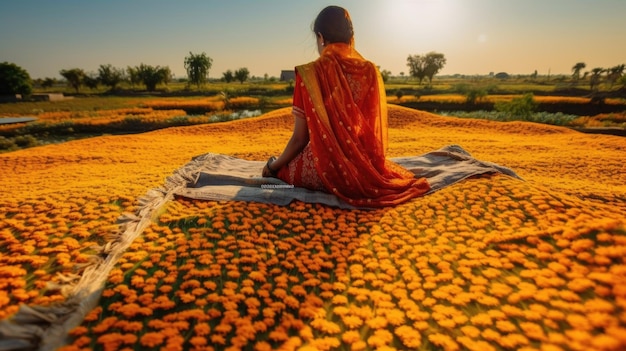 A woman sits on a field of flowers