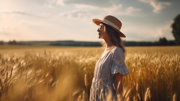 a woman sits in a field of wheat