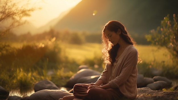 a woman sits in a field with the sun behind her