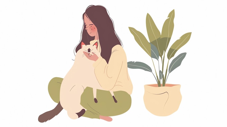 Photo a woman sits on the floor cradling a white cat with her arms and gazing down with a sweet expression