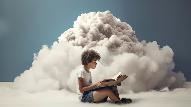 女性が本を手にして雲の前の床に座っています。