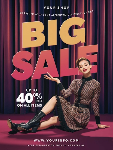 a woman sits on the floor in front of a poster that says big sale