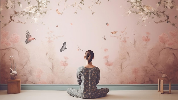 A woman sits on the floor in front of a wall with a pink floral mural day dreaming