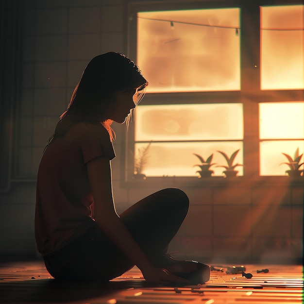 a woman sits on the floor in front of a window with the sun shining through the window