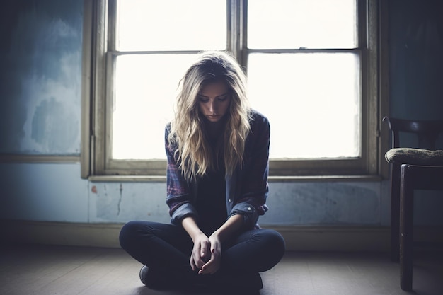 A woman sits on the floor in front of a window with a window behind her