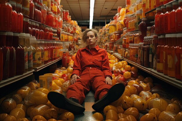 a woman sits on the floor in a grocery store