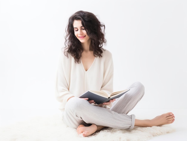 a woman sits on the floor and reads a book.