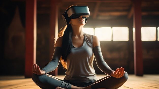 Photo woman sits on floor in room and uses virtual reality headset during yoga catches zen enjoys moment