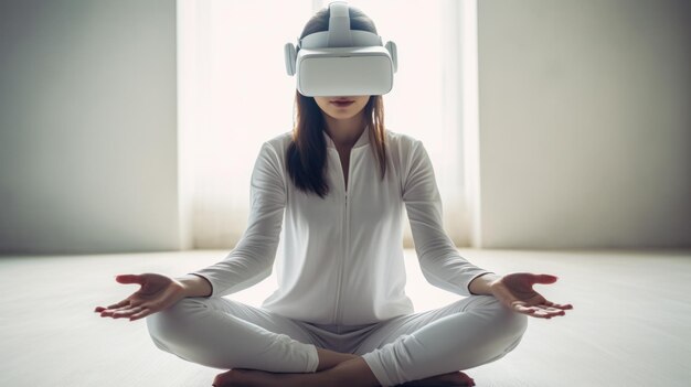 Photo woman sits on floor in room and uses virtual reality headset during yoga catches zen enjoys moment