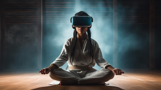 Photo woman sits on floor in room and uses virtual reality headset during yoga catches zen enjoys moment