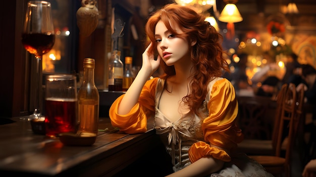 Premium AI Image  a woman with a black bra on sits in front of a bar with  a bottle of alcohol.