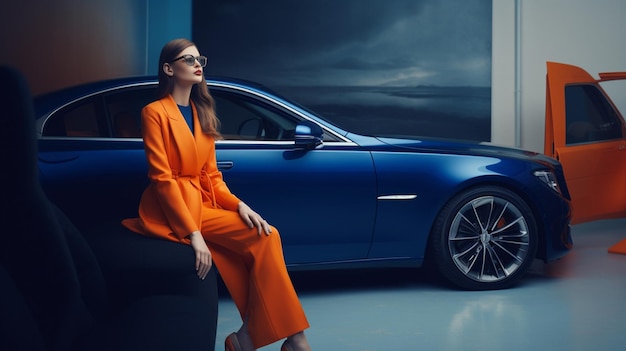 A woman sits in front of a bmw car