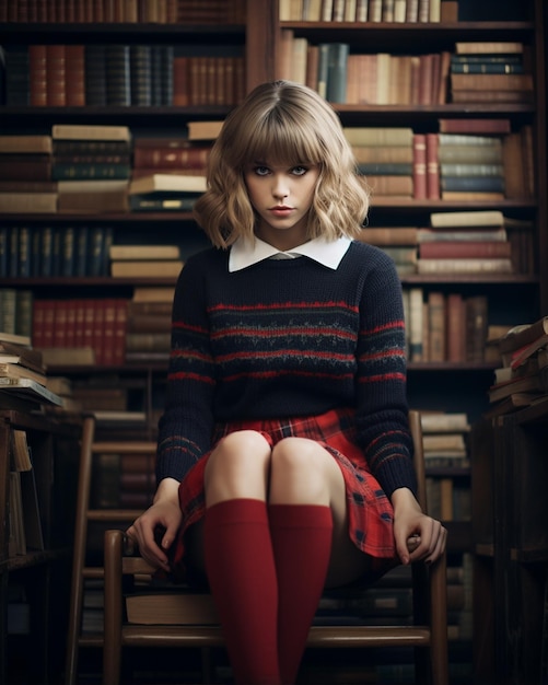 a woman sits in front of a bookshelf with books in the background