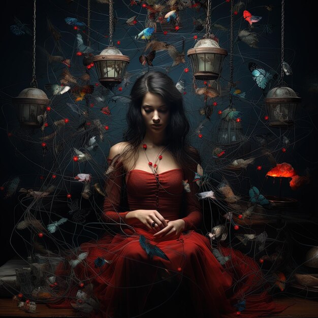 a woman sits in front of a bunch of butterflies and a lamp