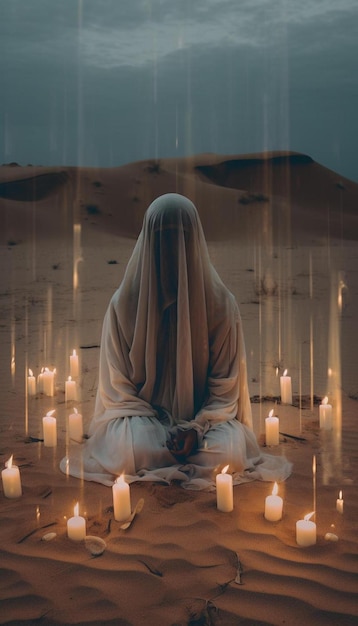 a woman sits in front of a burning candle.