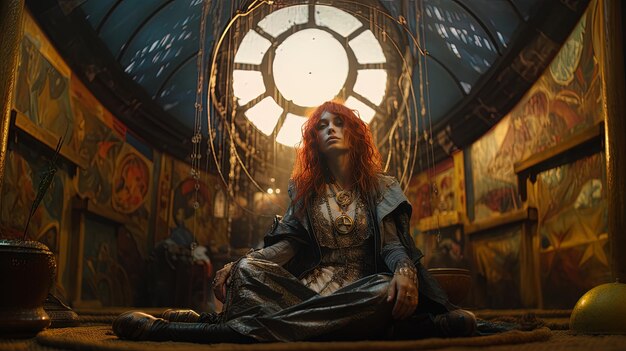 a woman sits in front of a clock that says  red