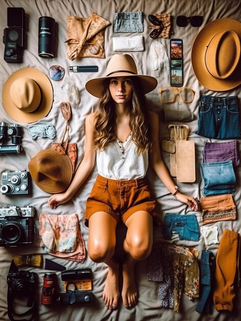 A woman sits in front of a collection of hats, hats, and other items.