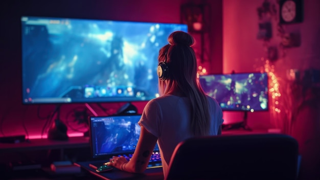 A woman sits in front of a computer screen with a gaming headset.