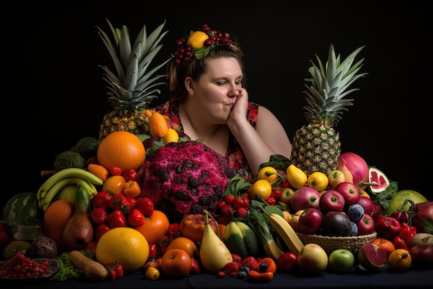 A woman sits in front of a display of fruit and vegetables.