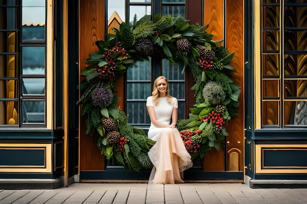 A woman sits in front of a door decorated with a wreath of pineapples.