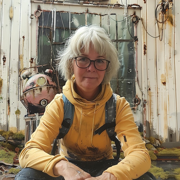 a woman sits in front of a door that has a sign that says  no one is on it