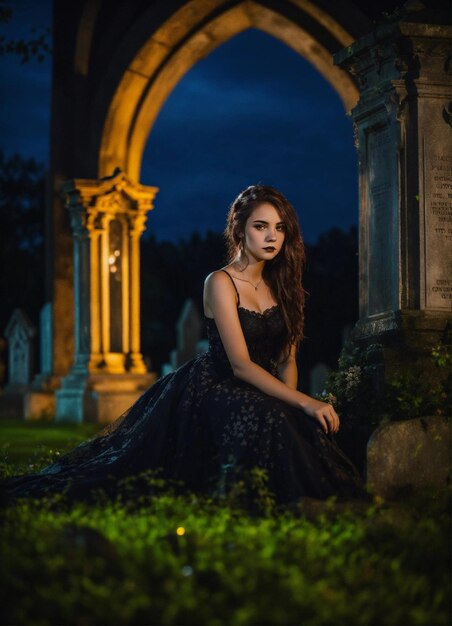 a woman sits in front of a grave with a lighted archway behind her