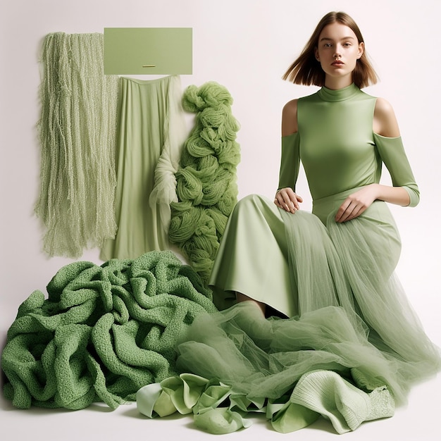 한 여성이 녹색 스카프를 두른 녹색 담요 앞에 앉아 있습니다.