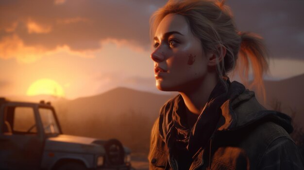 A woman sits in front of a jeep at sunset