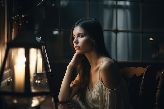 A woman sits in front of a lamp in a dark room.