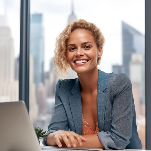 Photo a woman sits in front of a laptop and looks at the camera.