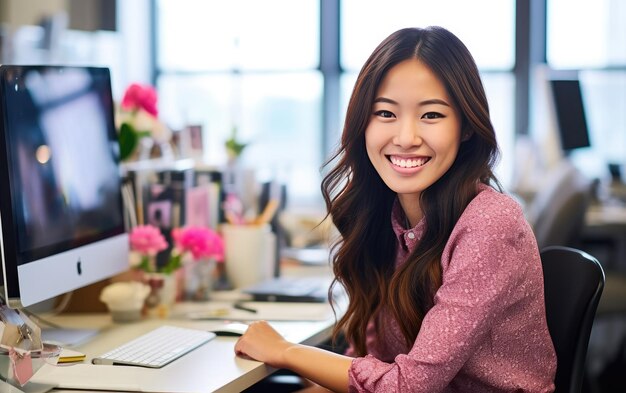 A woman sits in front of a laptop with a pink flower in the background.