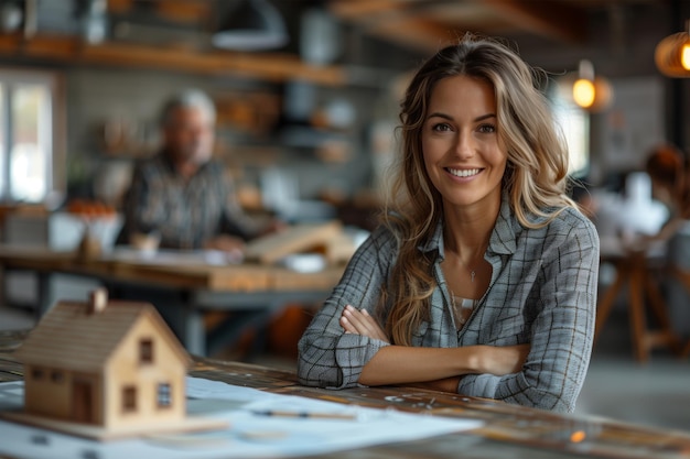 Photo a woman sits in front of a model house with a house in the background