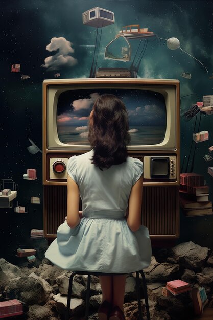 Photo a woman sits in front of an old tv with a woman sitting in front of it