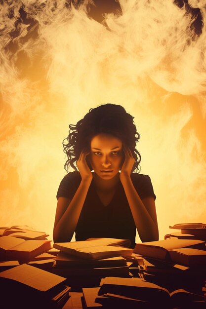 Photo a woman sits in front of a pile of books with the words  she is reading