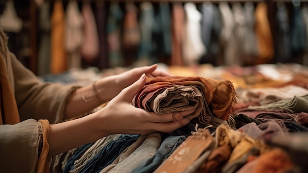 A woman sits in front of a pile of fabric in a store.