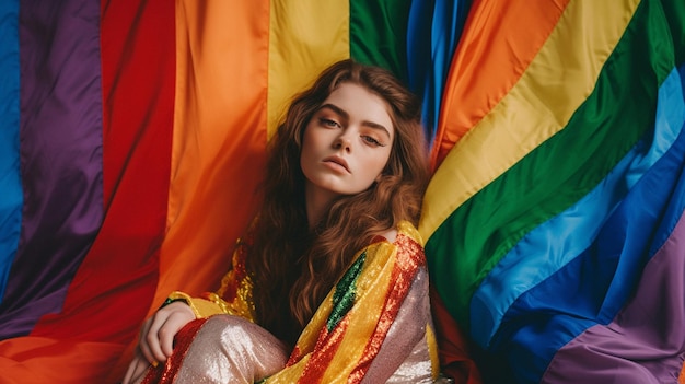 A woman sits in front of a rainbow flag