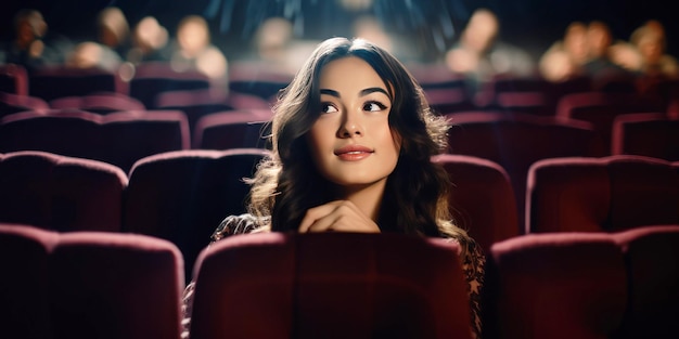 Woman sits on the front row in a cinema in an empty hall The girl is watching a movie alone