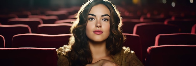 Woman sits on the front row in a cinema in an empty hall The girl is watching a movie alone