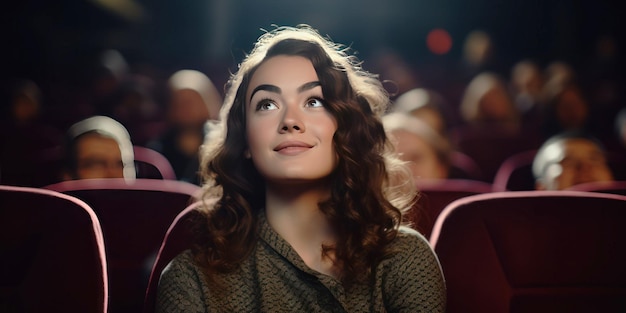 Woman sits on the front row in a cinema in an empty hall The girl is watching a movie alone