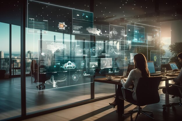 A woman sits in front of a screen that says'car'on it