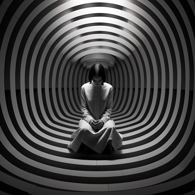 Photo a woman sits in front of a spiral design