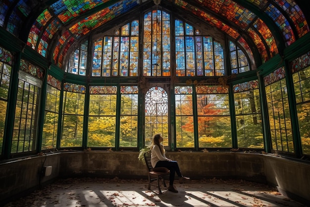 A woman sits in front of a stained glass window in the old state historic park.
