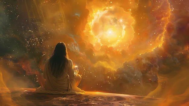 a woman sits in front of a sunset with the sun behind her