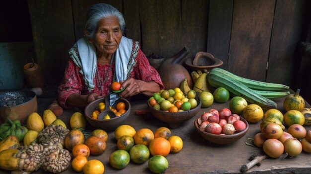 A woman sits in front of a table of fruit and vegetables.