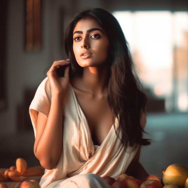 Photo a woman sits in front of a table full of fruit.